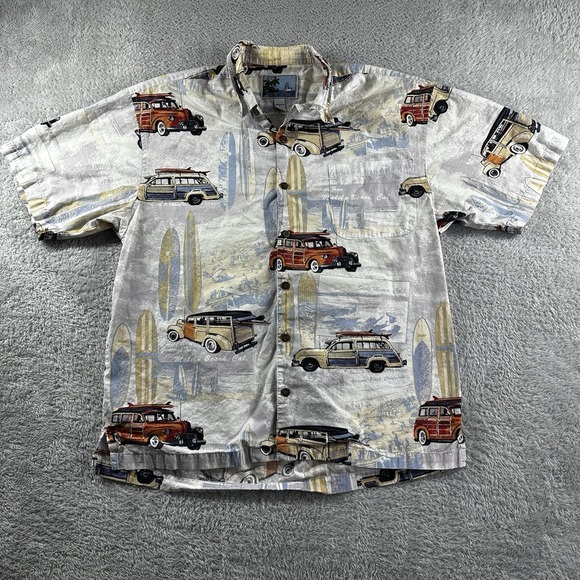 Aftco Hawaiian Shirt Mens‎ Large AOP Vintage Cars Blue Water Santa Monica Surf - Picture 1 of 11